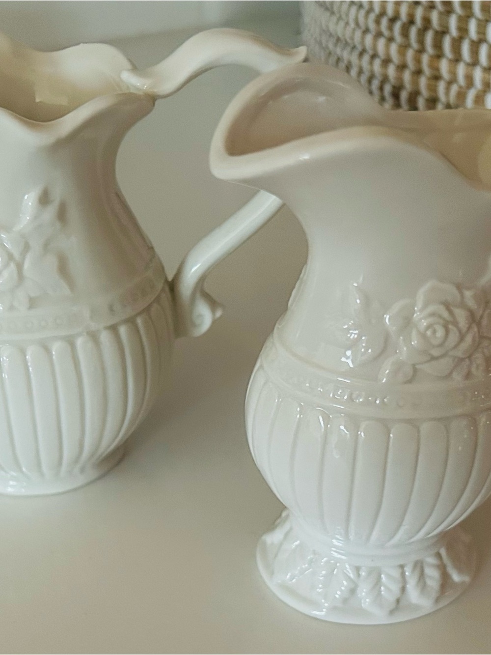 Cream White Ceramic Embossed Floral Pitcher - Pair